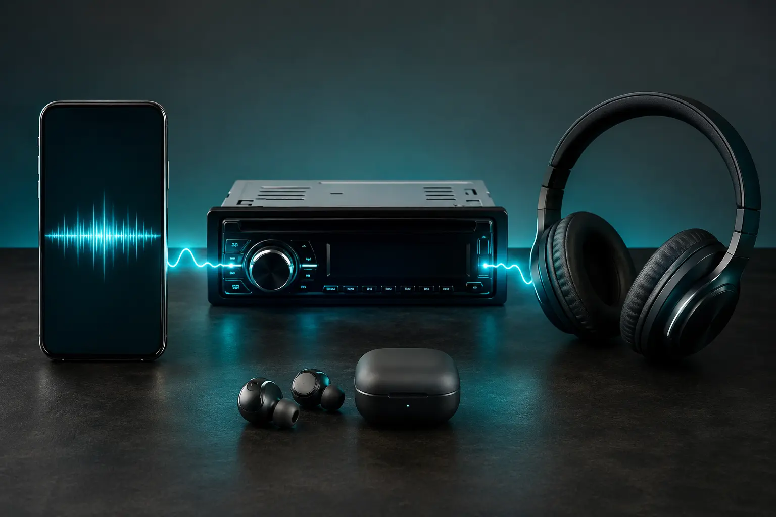 Phone, car audio controls, and headphones arranged as three listening options