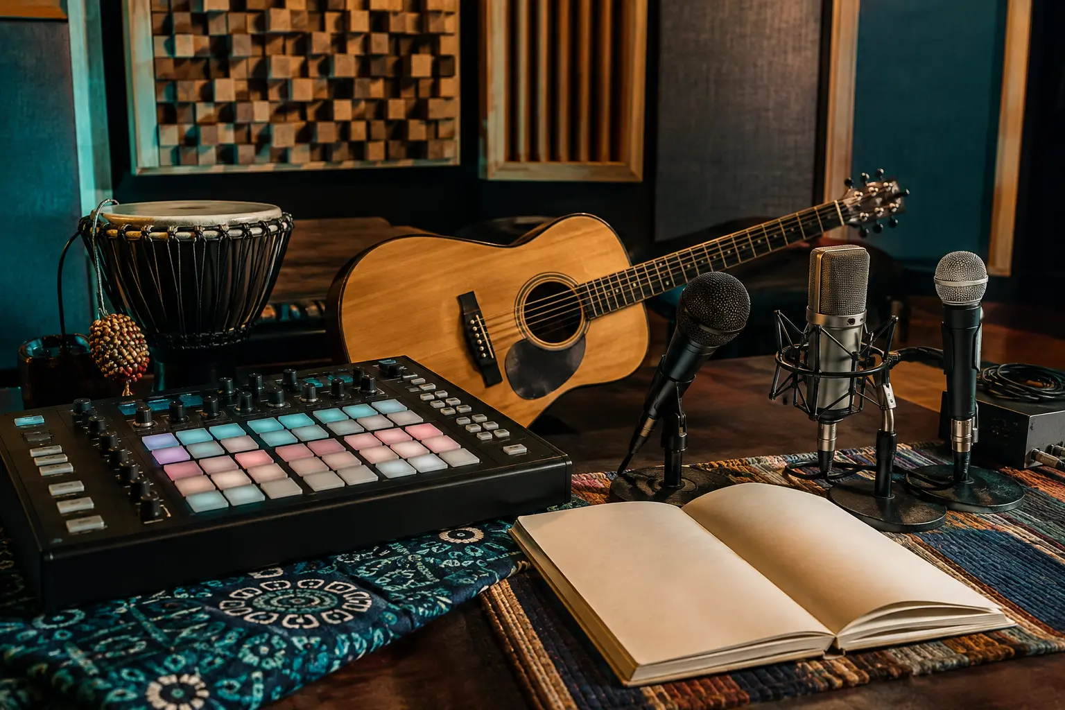 Drum machine, acoustic guitar, microphones, and speaker representing South African music genres